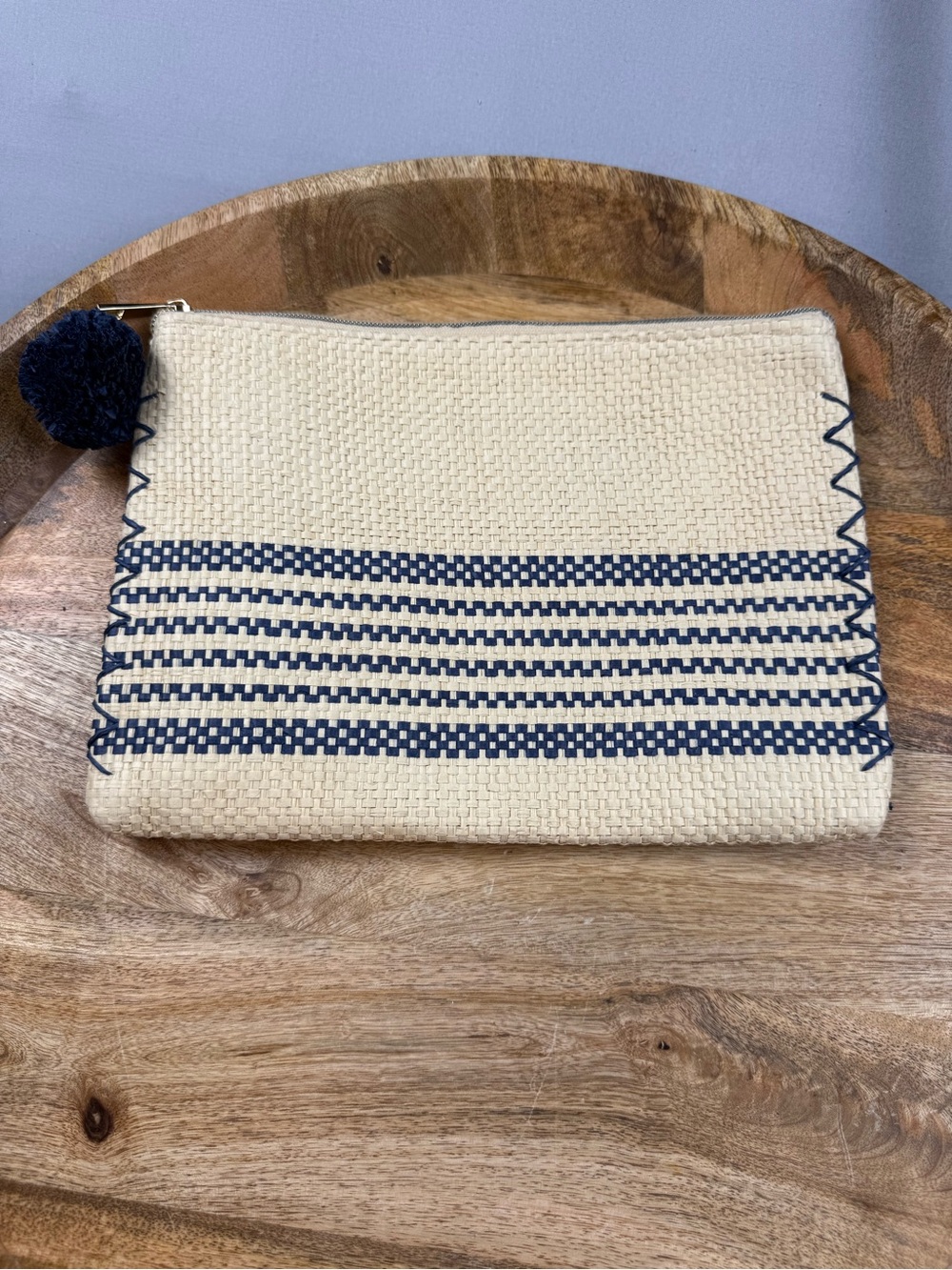 Mud Pie Coastal Straw Clutch Navy Stripe Pom Pom Beach Boho Pouch